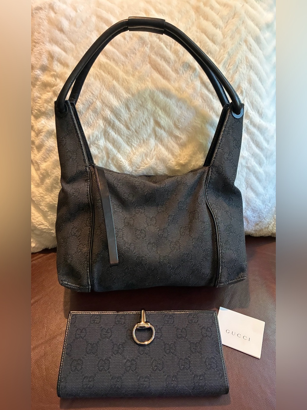 Vintage Gucci Black Denim Shoulder Bag & Horse Bit Wallet with Leather Trim
